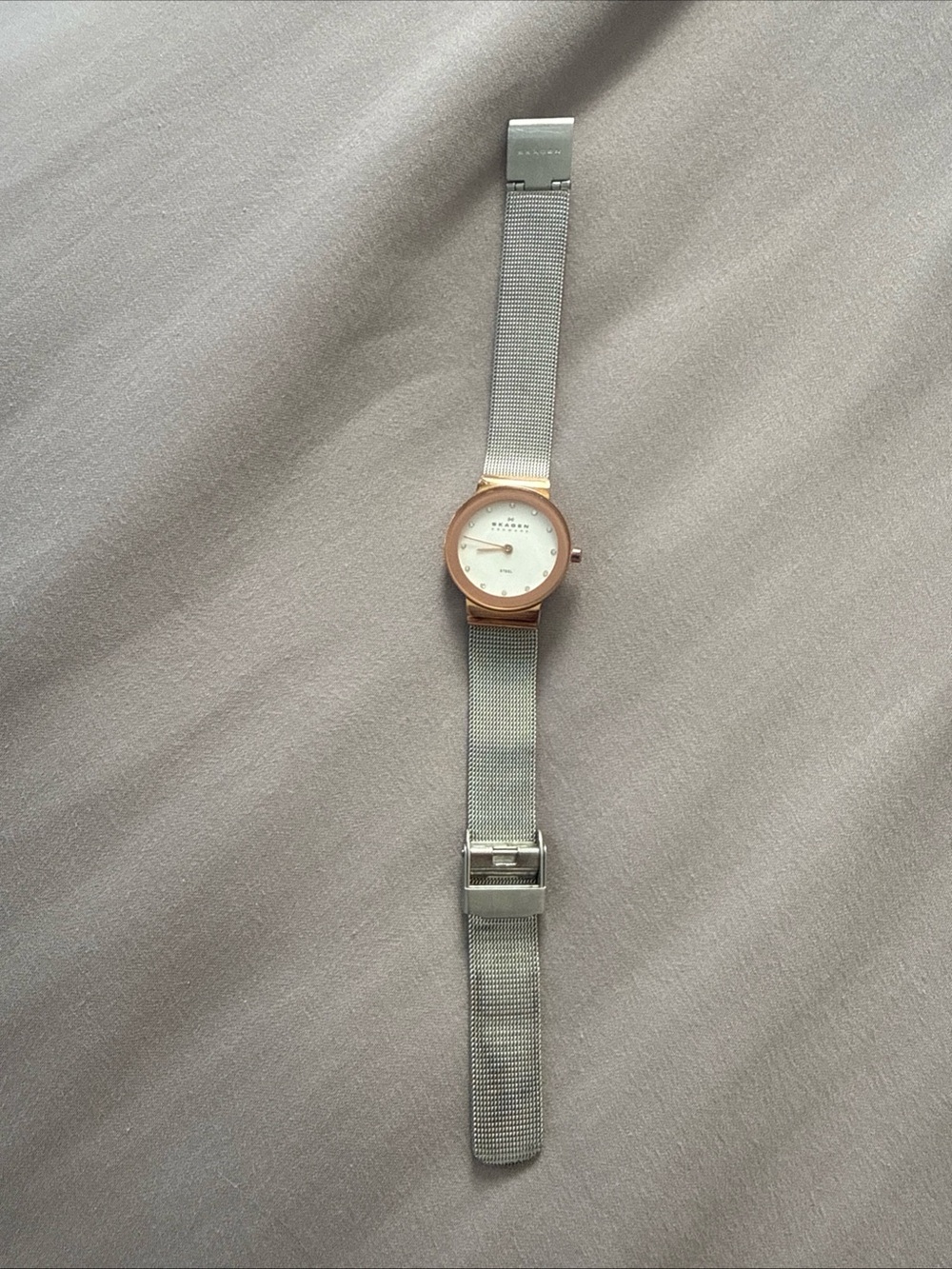 Skagen Silver Mesh Watch with Rose Gold Case and White Dial
